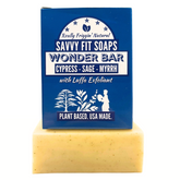 A box of Savvy Fit Soaps Wonder Bar in Cypress Sage MYRRH, plant-based and USA-made, showcasing a natural and soothing skincare product.